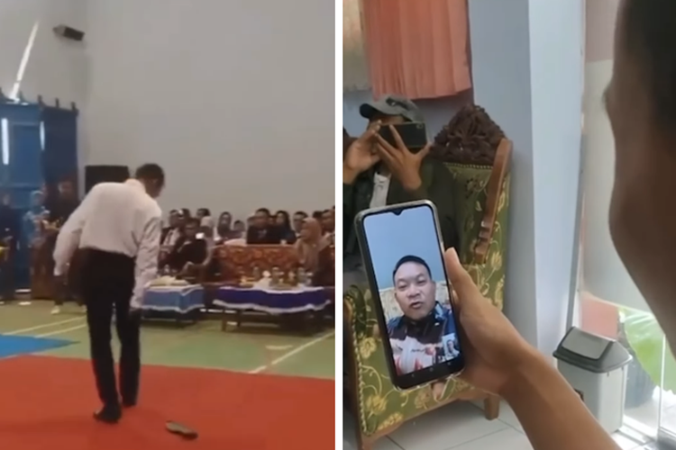 Kolase tangkapan layar video memperlihatkan Kepala Staf Angkatan Darat (KSAD) Jenderal TNI Dudung Abdurachman melakukan panggilan video atau video call dengan seorang anak yang sol sepatunya lepas ketika wisuda kelulusan sekolah.