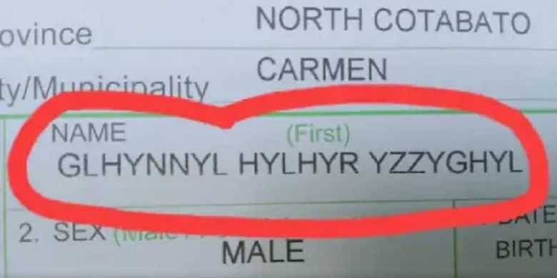 Seorang bayi di Filipina mendapatkan nama unik, Ghlynnyl Hylhyr Yzzyghyl, karena keluarganya ingin menggabungkan nama ayah, ibu, kakek, dan neneknya.