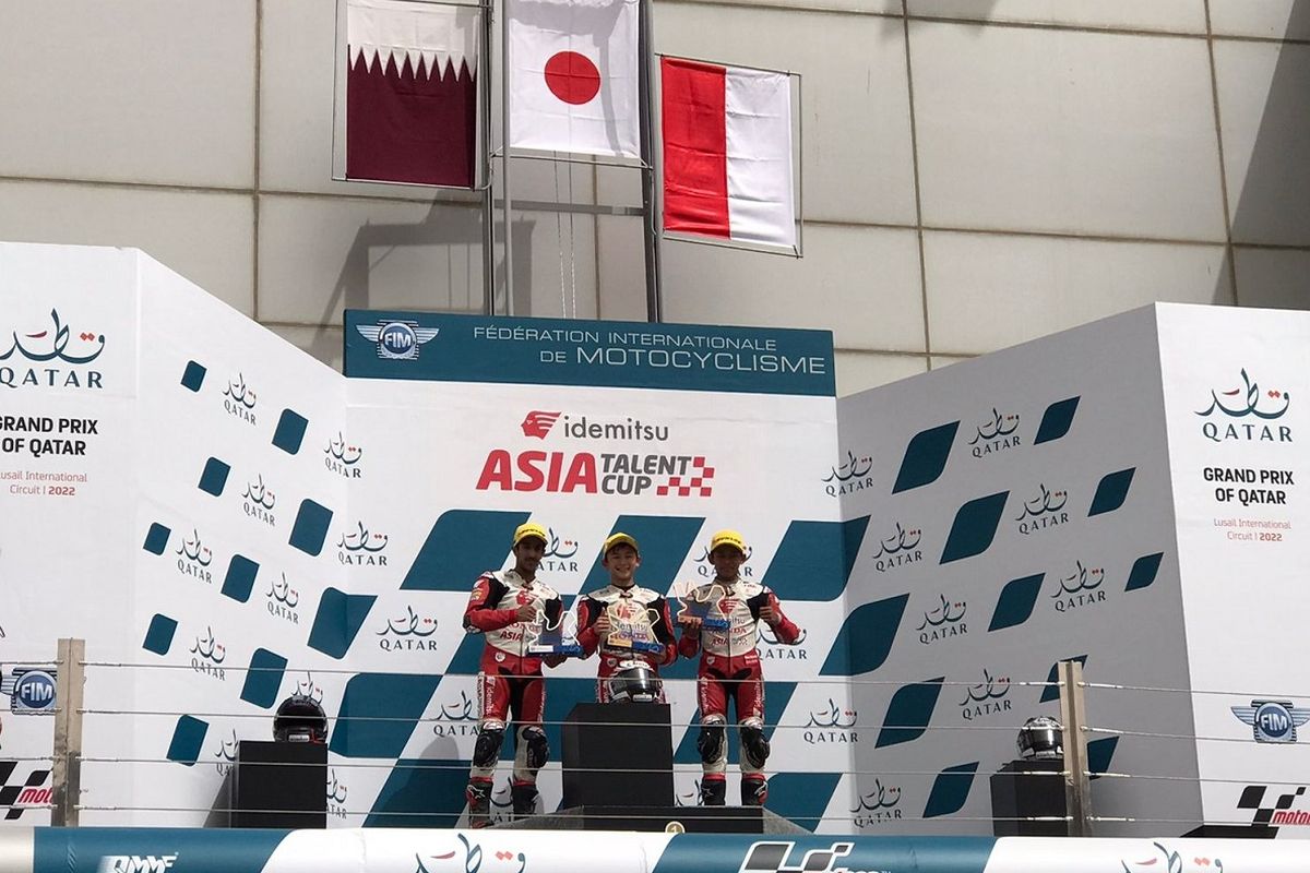 Veda Ega Pratama berhasil mengibarkan bendera Merah Putih melalui raihan podium ketiga di balapan putaran kedua seri perdana ajang balap Idemitsu Asia Talent Cup (IATC), yang dihelat di Lusail International Circuit, Qatar (5-6/03).
