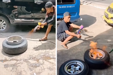 Viral, Video Cara Pasang Ban Mobil di Pelek Tapak Lebar Pakai Obat Nyamuk Semprot dan Disulut Api