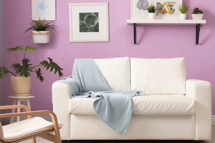 Ilustrasi ruang tamu dengan dinding warna ungu. 