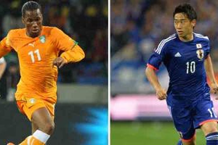 Kombinasi foto yang dibikin 12 Juni 2014, yang memperlihatkan aksi striker Pantai Gading, Didier Drogba (kiri), di Port Elizabeth pada 15 Juni 2010, dan bintang Jepang, Shinji Kagawa, di Saitama pada 27 Mei 2014. 