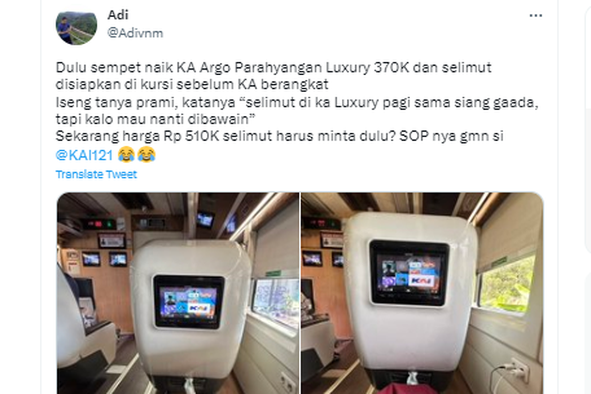 Tangkapan layar twit soal harga tiket kereta api lebih mahal tetapi pelayanan berkurang