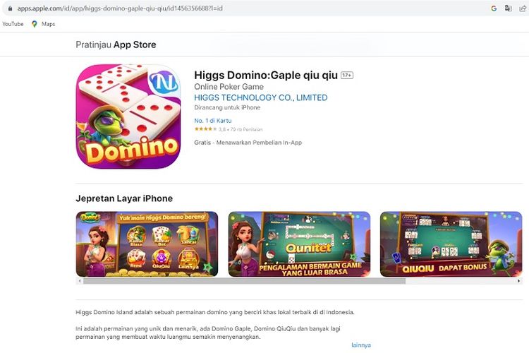 Tampilan keterangan App Store ketika mencari game Higgs Domino Island setelah diblokir Kominfo