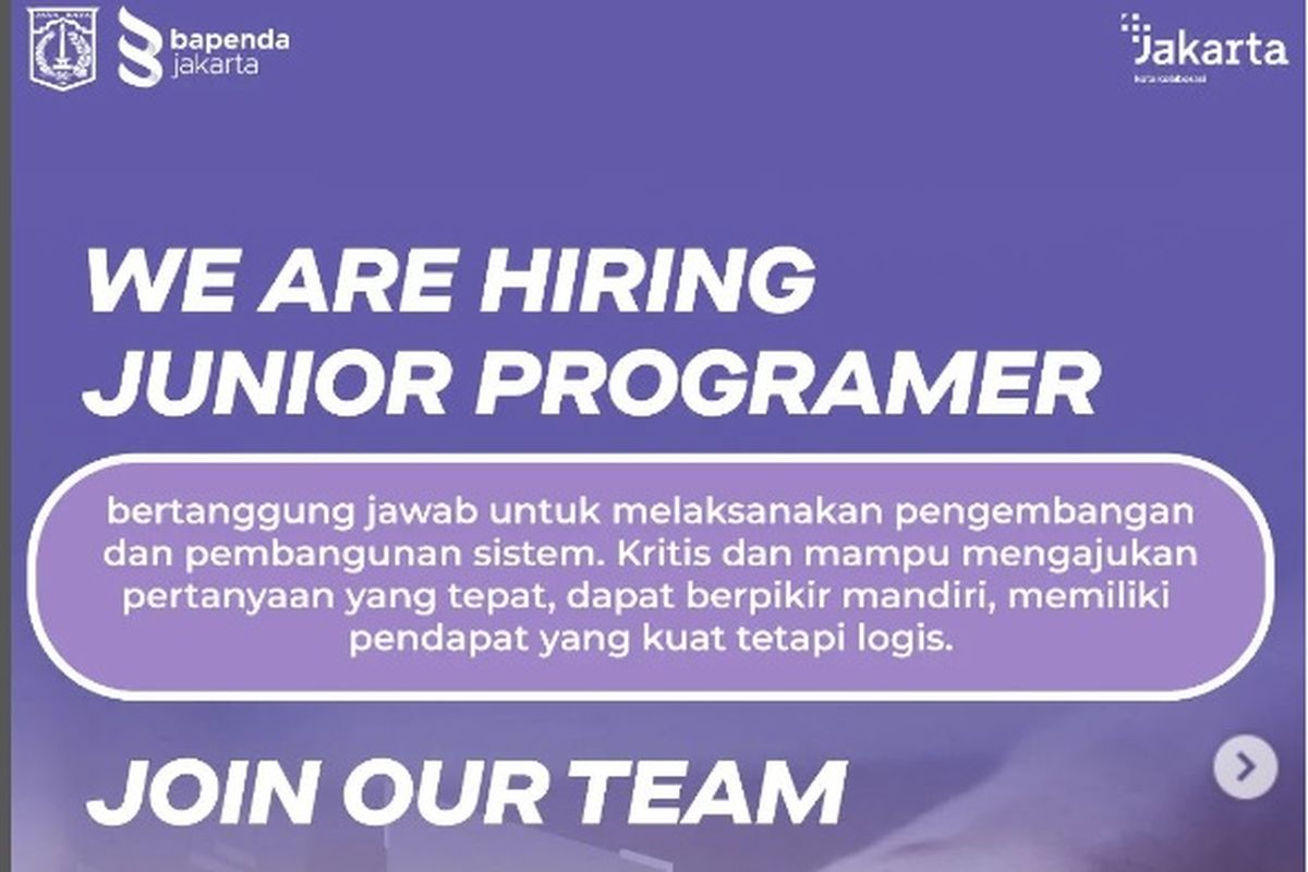 Badan Pendapatan Derah (Bapenda) DKI Jakarta sedang membuka lowongan kerja untuk posisi Junior Programmer.