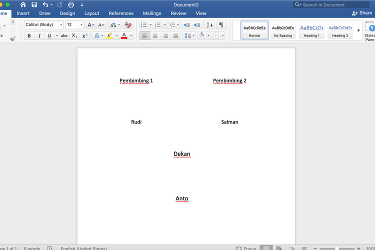 Ilustrasi cara membuat 4 tempat tanda tangan di Word dengan Text Box.
