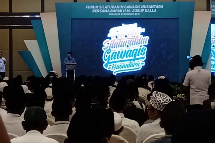 Wakil Presiden Jusuf Kalla menghadiri Forum Silaturahim Gawagis Nusantara di Hotel Wyndham, Jl Basuki Rachmat, Surabaya, Sabtu (23/2/2019).