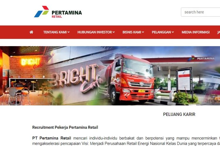 Tangkapan layar peluang karir di Pertamina Retail.