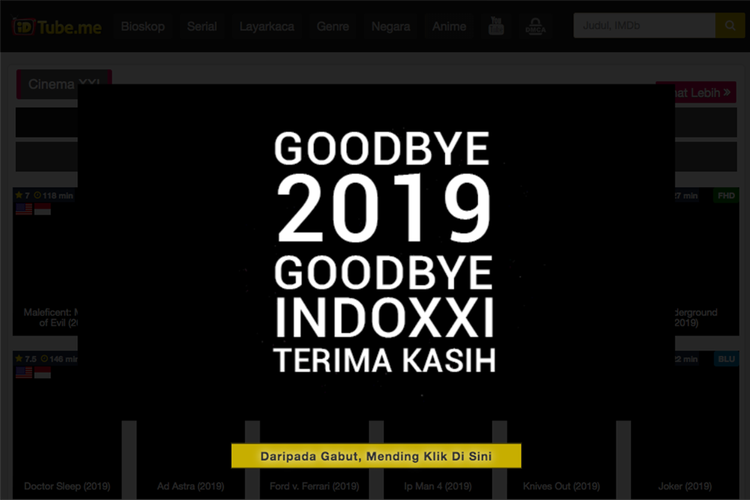 Tampilan desktop situs IndoXXI pada Rabu (1/1/2020).