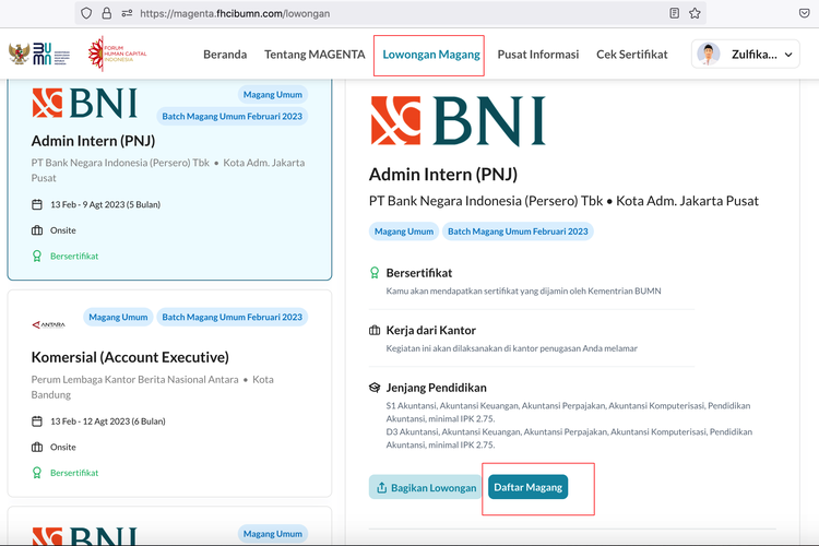 Ilustrasi cara daftar lowongan magang Magenta BUMN 2023.