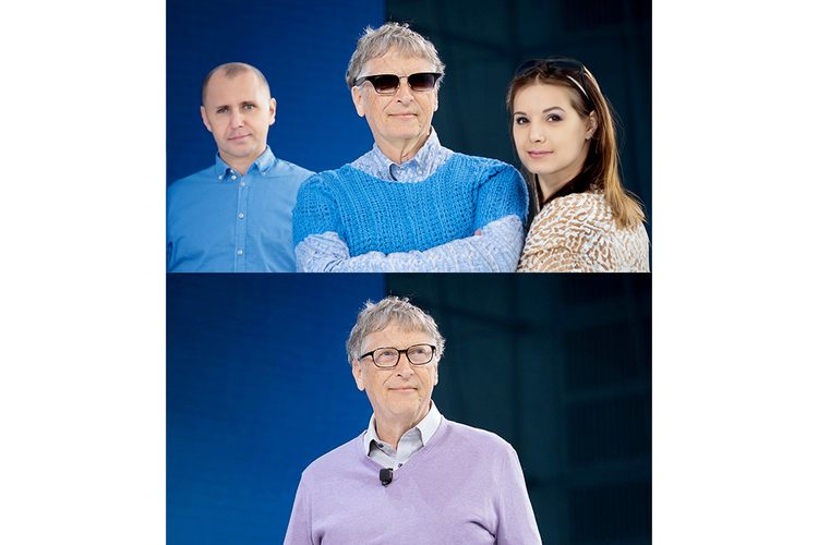 Uji coba dan perbandingan hasil foto dari fitur Generative Fill di Adobe Photoshop. KompasTekno memanipulasi foto Bill Gates dengan mengganti warna baju dan menambah sosok orang anonim di sisi kanan dan kirinya (atas). 