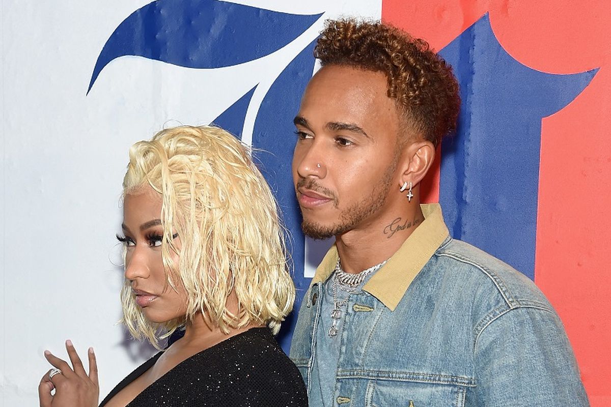 Rapper Nicki Minaj dan pebalap Lewis Hamilon menghadiri acara TommyXLewis Launch Party di Public Arts, New York City, pada 10 September 2018.