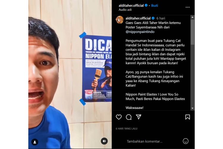 Tangkapan layar unggahan Aldi Taher di Instagram pribadinya, @alditaher.official.