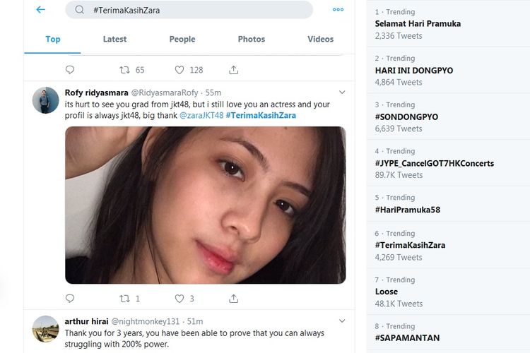 Zara JKT48 umumkan lulus, tagar #TerimaKasihZara menjadi trending topic di Twitter.