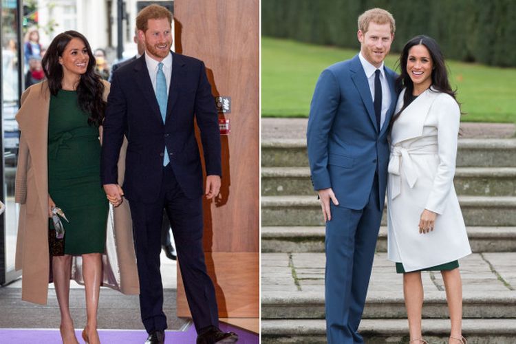 Meghan Markle and Prince Harry at the 2019 WellChild Awards (left) and at their engagement announcement shoot in 2017