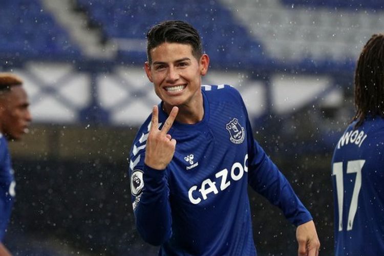 Pemain Everton, James Rodriguez, saat merayakan gol ke gawang Brighton pada lanjutan pekan keempat Liga Inggris, Sabtu (3/10/2020) malam WIB.