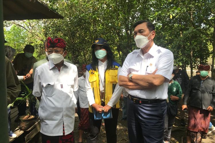 Gubernur Bali Wayan Koster saat mendampingi Luhut Binsar Pandjaitan di Hutan Mangrove di Taman Hutan Raya (Tahura) Ngurah Rai, Kamis (25/11/2021).