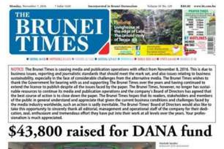 Inilah edisi perpisahan harian The Brunei Times yang berhenti terbit pada Selasa (8/11/2016).