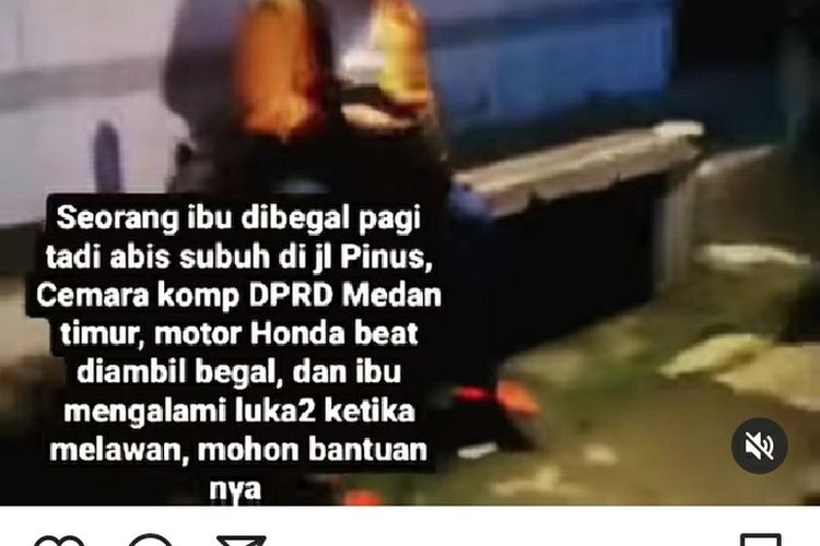 Tangkapan layar video unggahan di akun Instagram @tkpmedan memperlihatkan seorang penyapu jalan jadi korban begal di Jalan Pinus, Komplek DPRD, Kecamatan Medan Timur pada Minggu (2/1/2022) pagi.