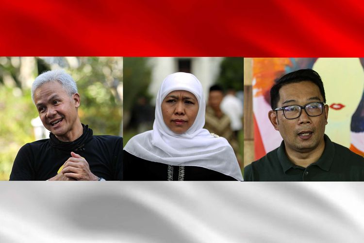 Gubernur Jawa Tengah Ganjar Pranowo (kiri), Gubernur Jawa Timur Khofifah Indar Parawansa, dan Gubernur Jawqa Barat Ridwan Kamil.