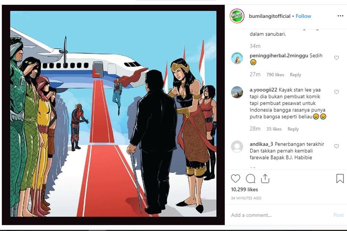 Ilustrasi para pahlawan Jagat Bumilangit memberi penghormatan terakhir kepada mendiang BJ Habibie.