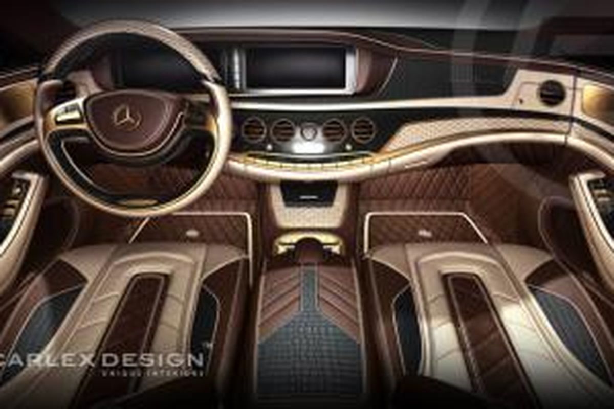 Interior Mercedes-Benz S-Class dengan balutan emas dan kulit buaya.