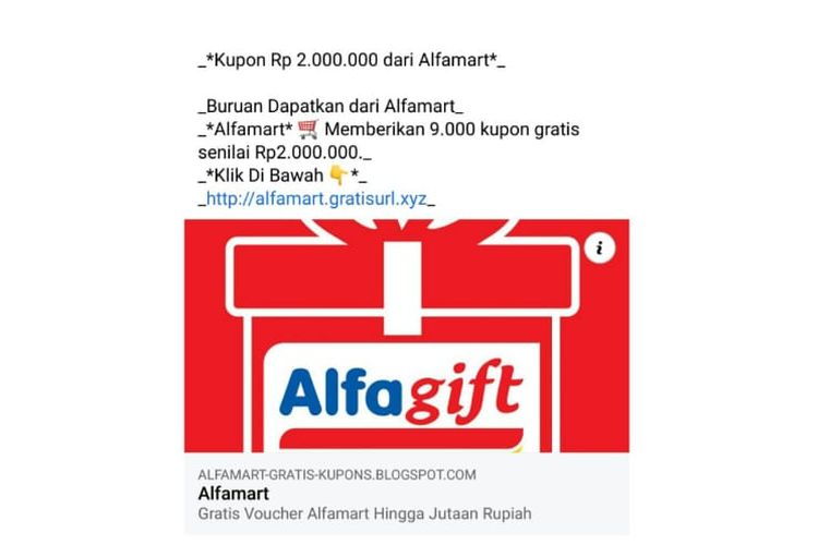 Status Facebook hoaks soal pembagian kupon gratis dari Alfamart.