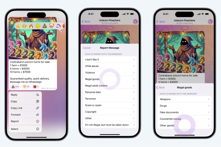 Cara melaporkan konten berbahaya dan ilegal di aplikasi Telegram.