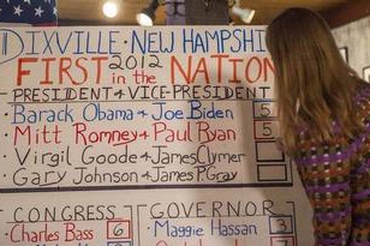 Seorang petugas menghitung perolehan suara pada pemilihan umum di Dixville Notch, sebuah kota kecil di negara bagian New Hampshire, Selasa (6/11/2012) dini hari. Kota ini memiliki tradisi membuka tempat pemungutan suara sejak pukul 00.00, sehingga menjadi kota pertama yang memilih dalam setiap pemilu. 
