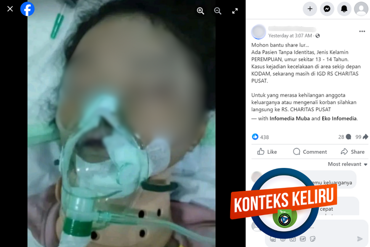 Tangkapan layar konten dengan konteks keliru di sebuah akun Facebook, Senin (18/3/2024), soal pasien korban kecelakaan yang dirawat di RS Charitas, Palembang.