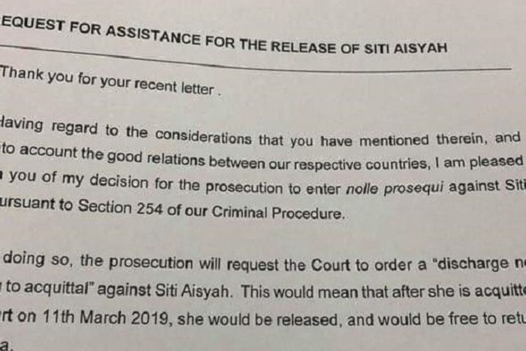 Inilah surat tanggapan Jaksa Agung Malaysia Tommy Thomas kepada Menteri Hukum dan HAM RI Yasonna Laoly perihal kasus Siti Aisyah.