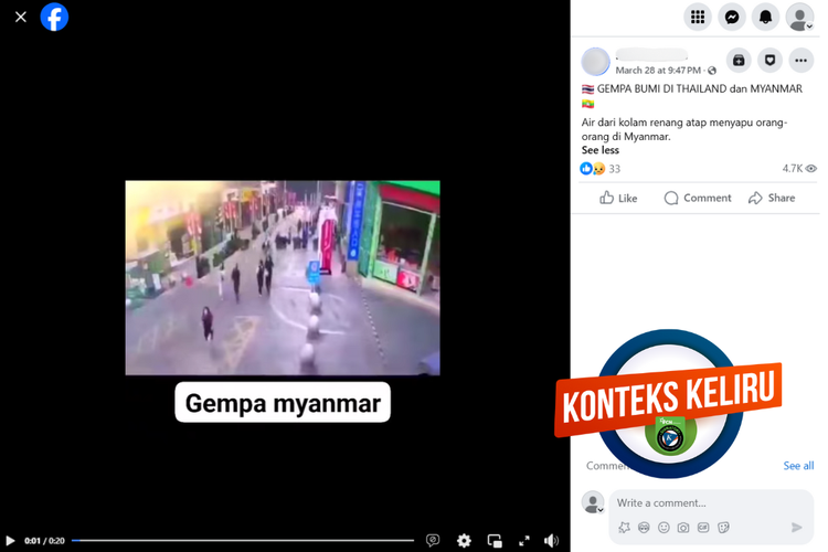 Tangkapan layar konten dengan konteks keliru di sebuah akun Facebook, Jumat (28/3/2025), mengenai video air kolam renang dari atap menyapu orang-orang di jalan raya.