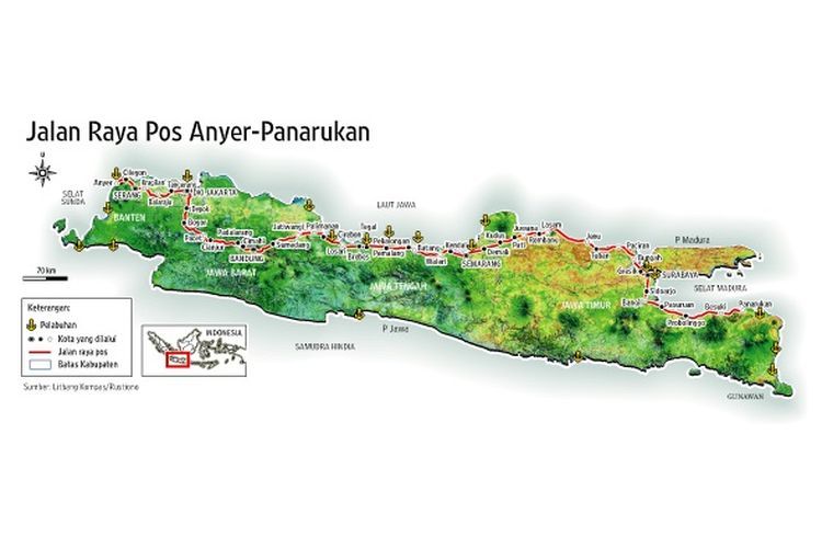 Peta Jalan Raya Pos sepanjang 1.000 kilometer dari Anyer sampai Panarukan