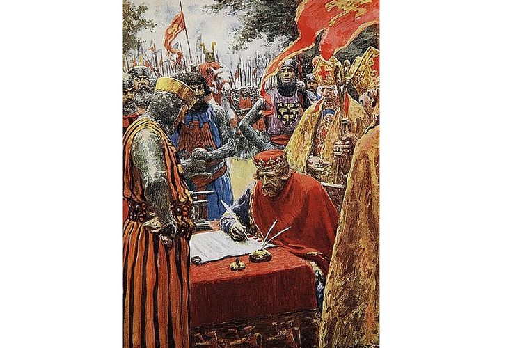 Gambar Raja John ketika mendatangani dokumen bersejarah Magna Carta.