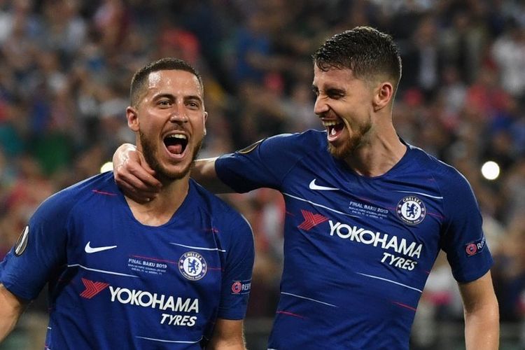 Jorginho merayakan gol Eden Hazard pada laga Chelsea vs Arsenal dalam final Liga Europa di Stadion Olimpiade Baku, Azerbaijan, 29 Mei 2019. 