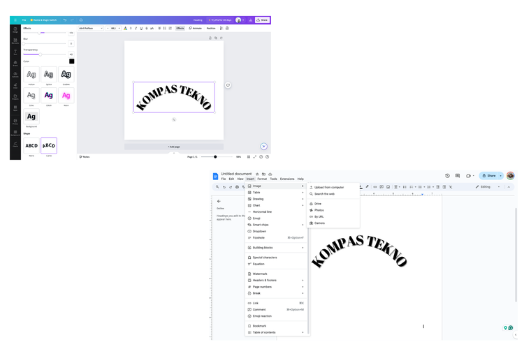 Ilustrasi cara buat tulisan melengkung di Google Docs