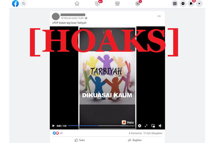 Tangkapan layar unggahan video hoaks di sebuah akun Facebook,  yang menyebut bahwa pengelola LPDP sempat dikuasai kaum tarbiyah