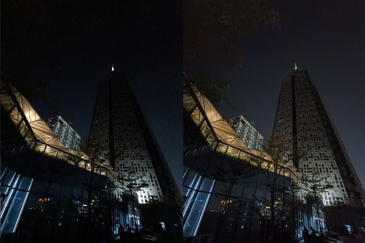 Hasil foto kamera ultra wide Oppo Reno 10 saat mahal hari, dengan (kanan) dan tanpa Night Mode