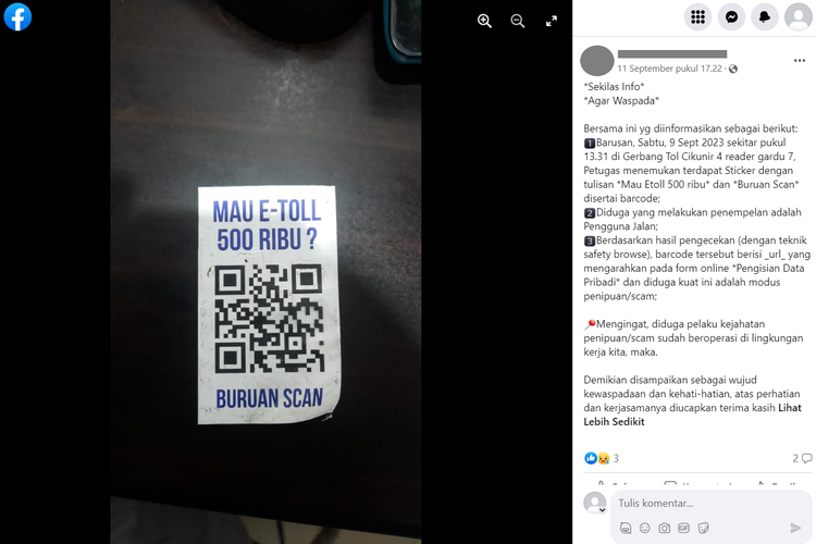 Tangkapan layar akun Facebook yang melaporkan adanya stiker kode batang yang menawarkan saldo uang elektronik pembayaran akses tol atau biasa dikenal e-toll.