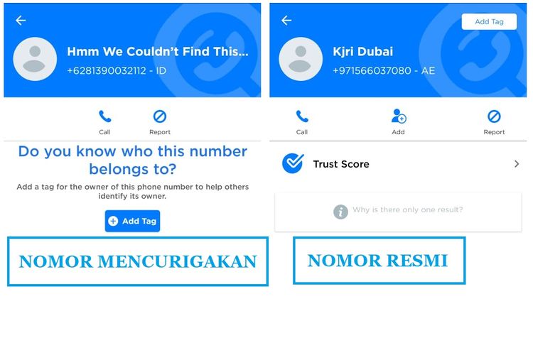 Tangkapan layar pelacakan nomor di Get Contact, menampilkan nomor mencurigakan dan nomor resmi KJRI Dubai.
