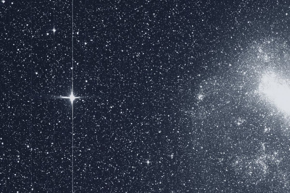 Foto Awan Magellan Besar (kanan) dan bintang R Doradus (kiri) yang ditangkap oleh TESS.