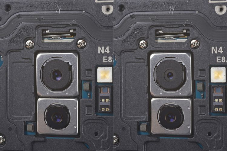 iFixit memperlihatkan kamera Galaxy S9 Plus dalam kondisi aperture dibuka lebar di angka f/1.5 (kiri), dan ditutup ke angka f/2.4 dengan dua bilah aperture berbentuk mirip cincin. Kamera kedua di bawah memiliki aperture fixed yang tidak bisa diubah-ubah.