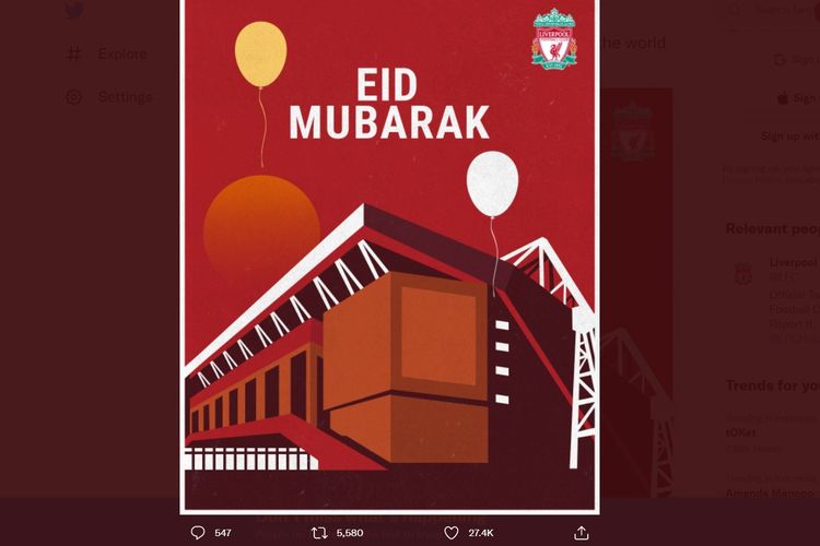 Ucapan selamat Idul Fitri yang disampaikan Liverpool.
