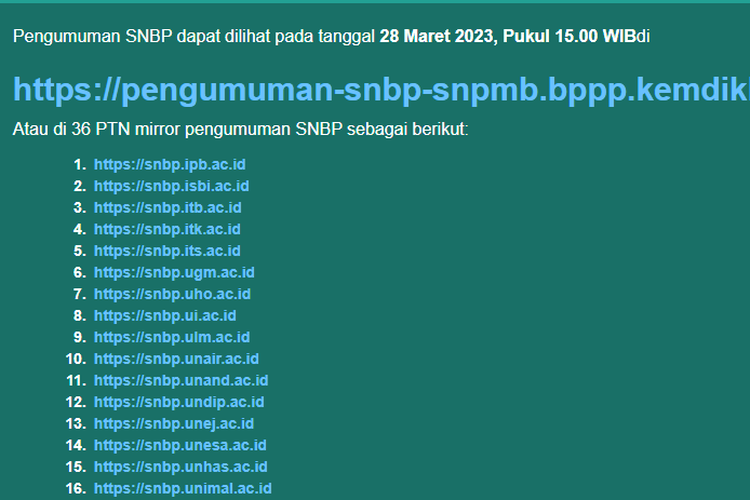 Pengumuman SNBP 2023 dilakukan tanggal 28 Maret 2023 pukul 15.00 WIB melalui link utama dan mirror.