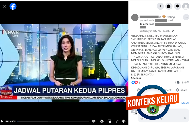 Tangkapan layar konten hoaks di sebuah akun Facebook, Senin (19/2/2024), soal jadwal putaran kedua Pilpres 2024.