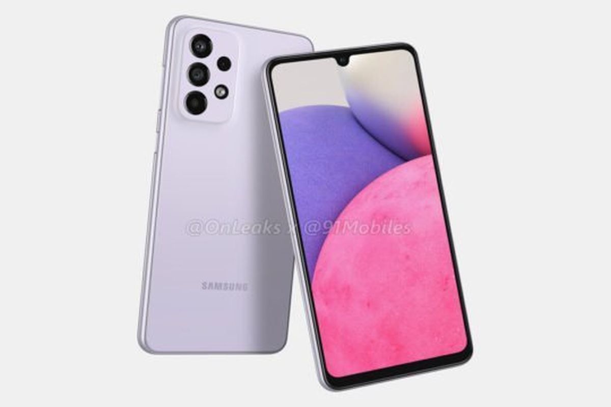 Bocoran render desain Galaxy A33 5G tampak depan dan tampak belakang.