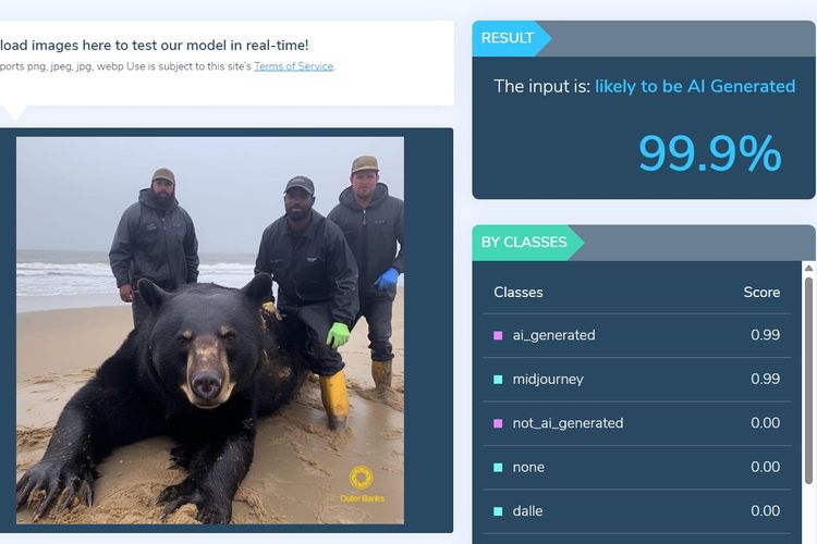 Hasil deteksi foto beruang hitam besar tertangkap tiga pria dewasa. Menurut Hive Moderation, foto itu memiliki probabilitas 99,9 persen dihasilkan AI.