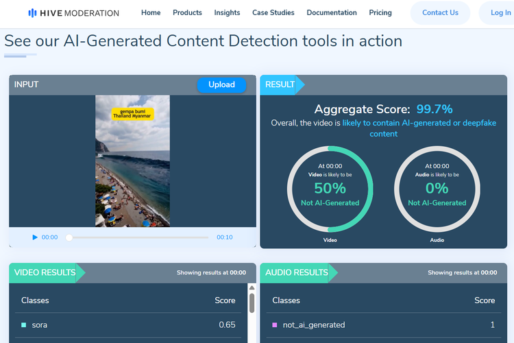 Tangkapan layar Hive Moderation mengidentifikasi video gempa Myanmar di sebuah pantai memiliki probabilitas 99,7 persen dihasilkan oleh AI.