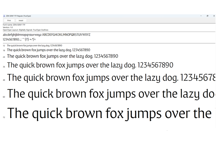 Tangkapan layar preview font Jennie - Zen Serif dalam tulisan alfabet.