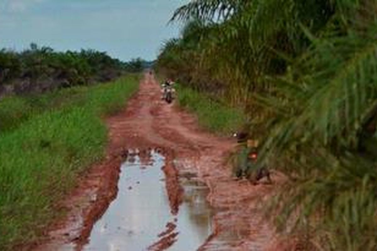 Konflik Sawit di Mesuji Kondisi infrastruktur menuju ke Desa Sritanjung, Kecamatan Tanjung Raya, Kabupaten Mesuji, Provinsi Lampung, rusak parah. Warga di perbatasan Lampung - Sumatera Selatan hidup dengan fasilitas sangat terbatas dan berkonflik dengan perusahaan sawit PT Barat Selatan Makmur Investindo (BSMI). Foto Jumat (16/12/2011). 